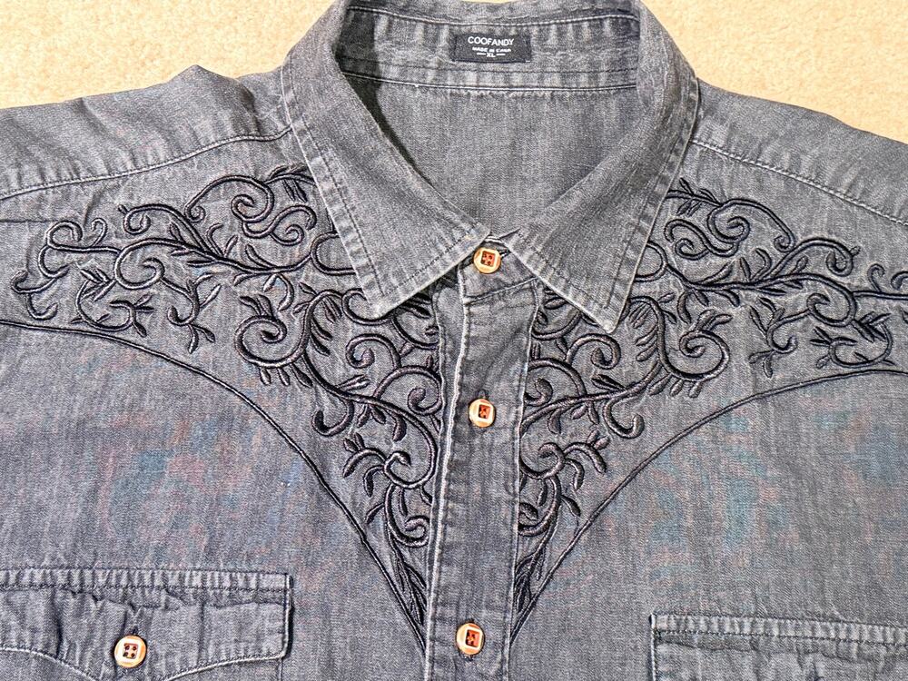 Coofandy Men's Gray Denim Western Shirt Embroidered Long Sleeve Pearl Snap SZ XL